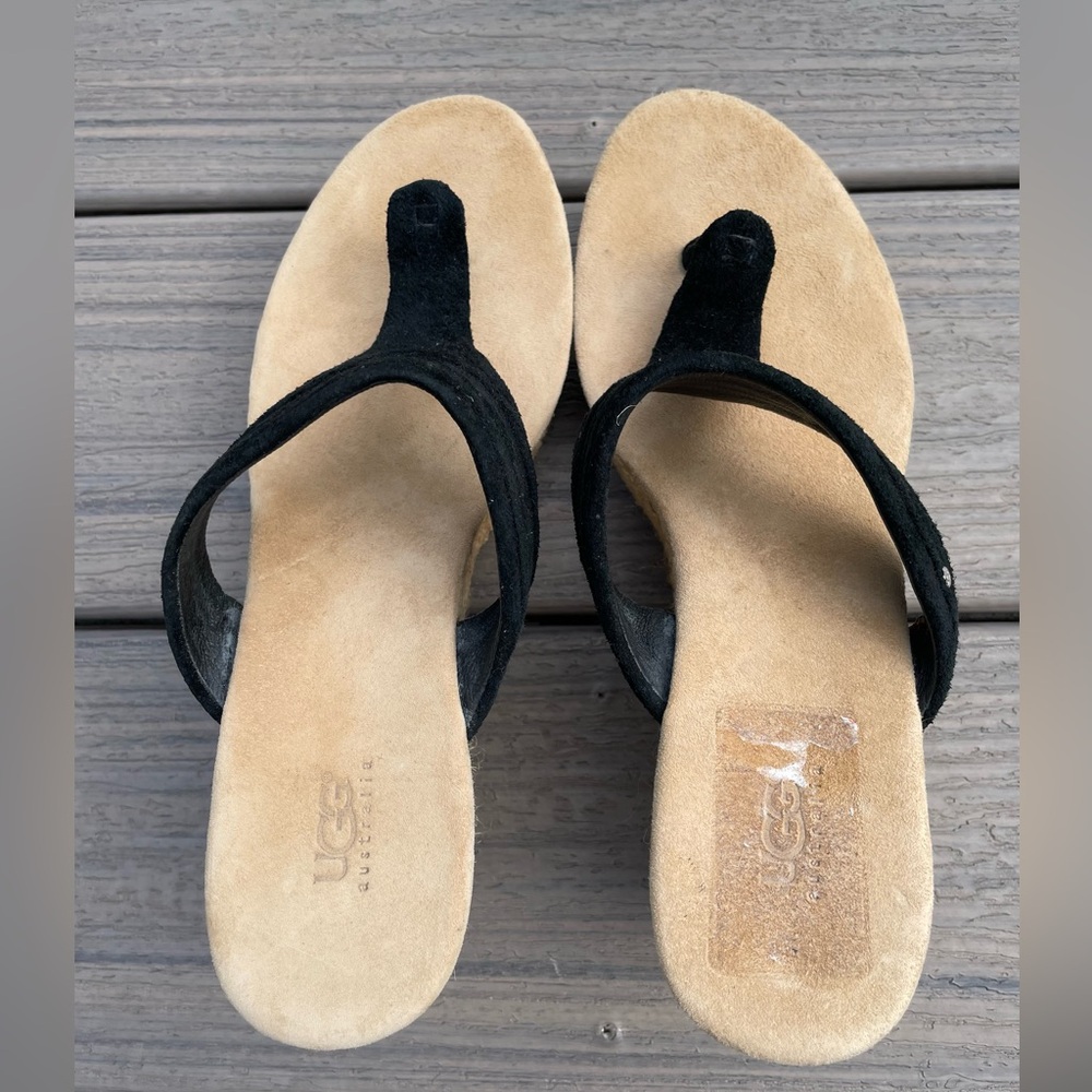 Ugg Wedges Black Suede Thong Straw Wicker Heels Size 8